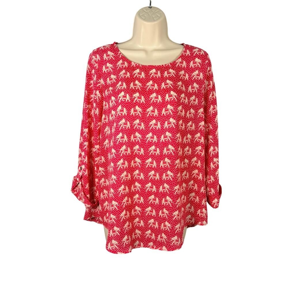41‎ Hawthorn Top Womens Medium Red Elephant Print Roll Tab 3/4 Sleeve Blouse